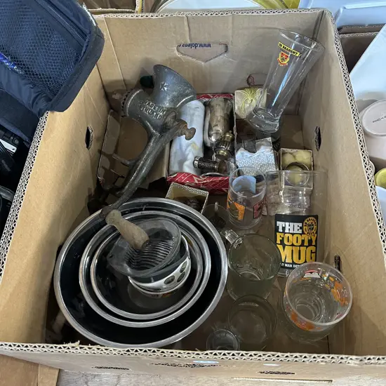 Vintage mincer, s/s mixing bowls and silverware etc.