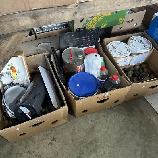 Three boxes of assorted items.