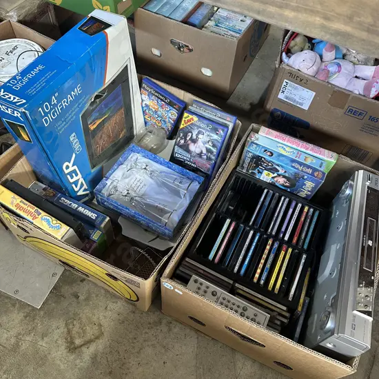 DVD player, CDs and videos plus playstation 2 games etc.