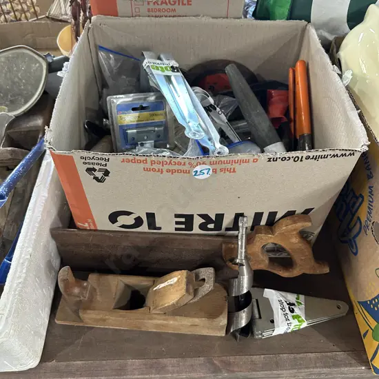 Box lot of tools and hardware.
