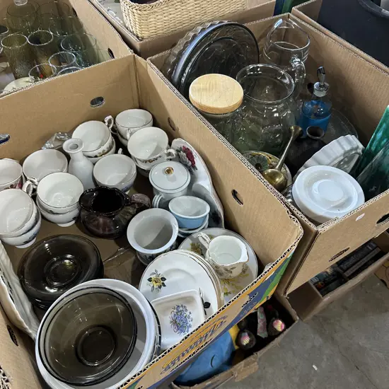 Two boxes china cups, vases and jugs etc.