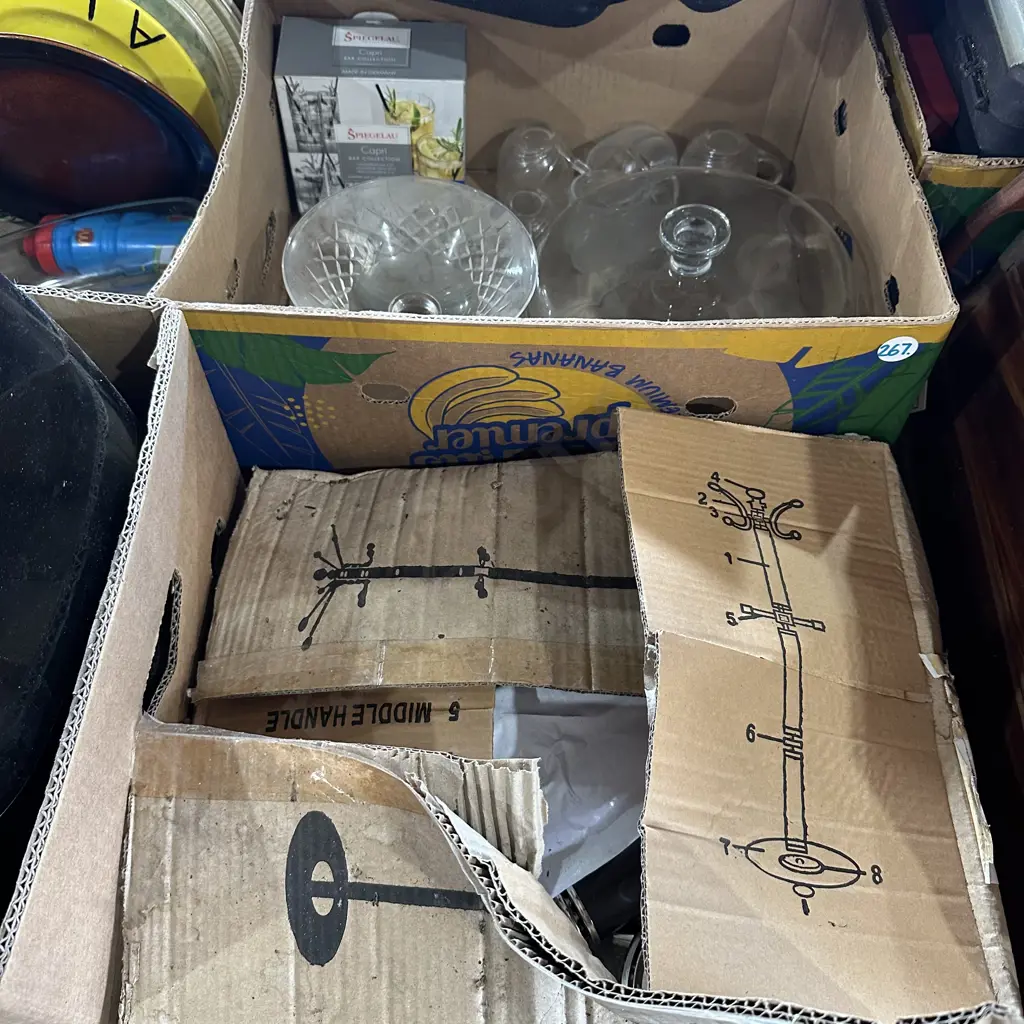 Hat stand, wooden tray, cake cover, boxed German glasses etc. Image 1++