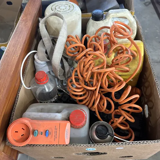 Box lot including RCD, weed killer, battery chargers etc.