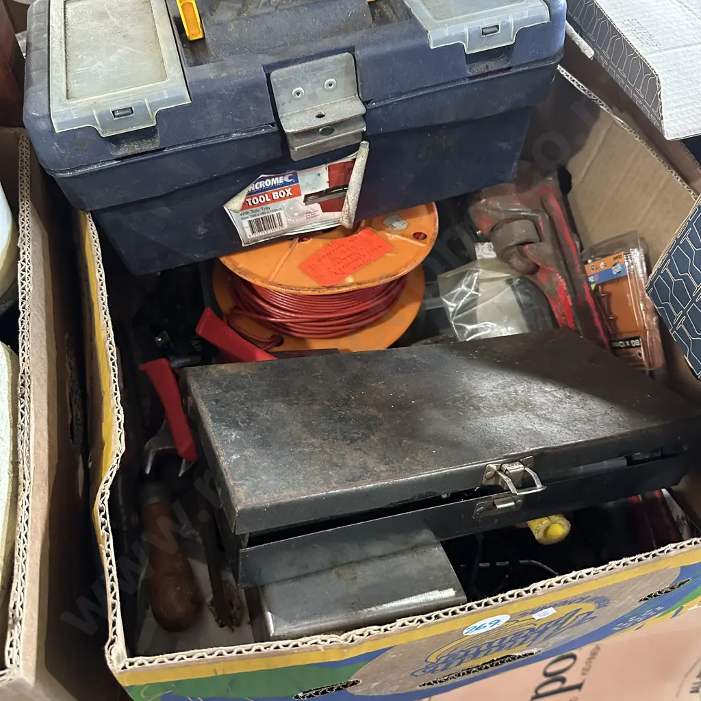 Box lot fishing tackle box and contents, tools, conduit wire and hardware etc Image 1++