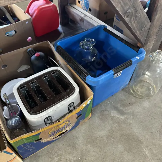 Bin with glass bottles, four slice toaster etc.