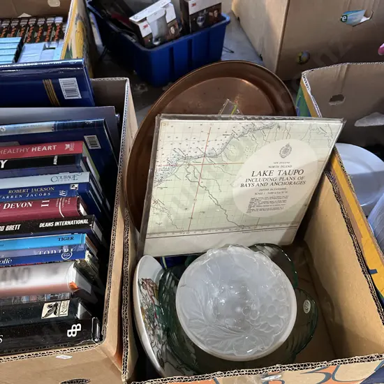 Box lot with copper tray and maps etc.