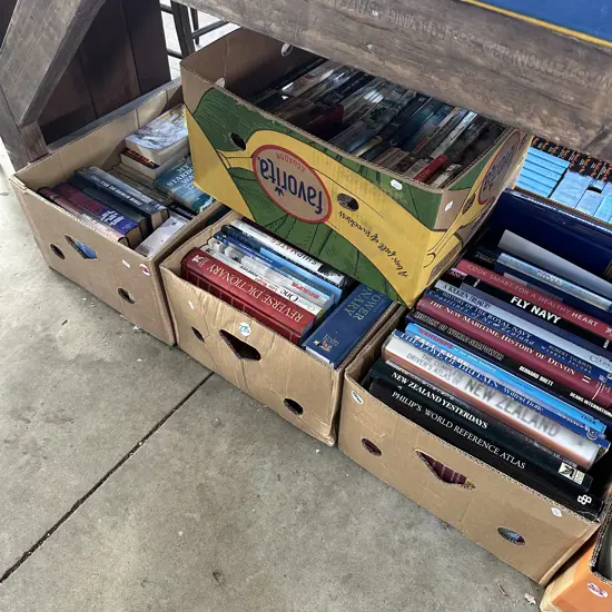 Four boxes of books plus two boxes of videos.