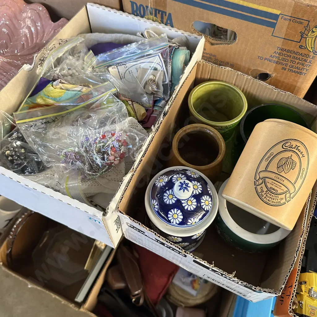 Two boxes costume jewellery, doilies, vintage tea towels etc. Image 1++
