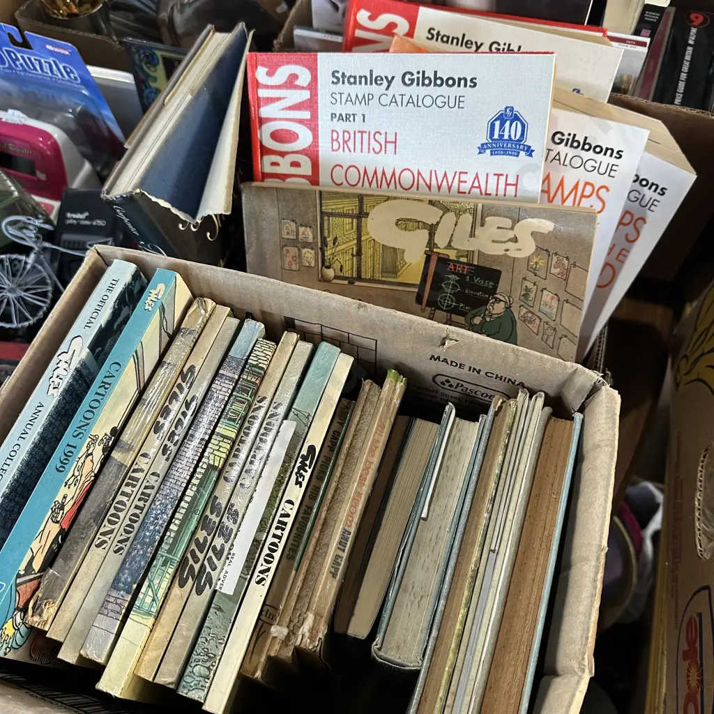 Two boxes of books including Giles cartoons. Image 1++