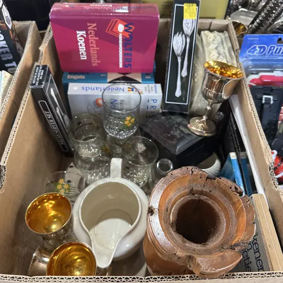 Box lot goblets, trinket box, boxed salad server sets etc.