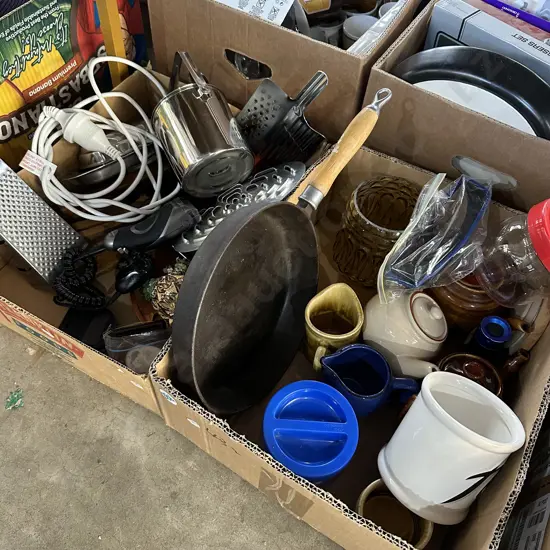 Two boxes cast iron pan etc.