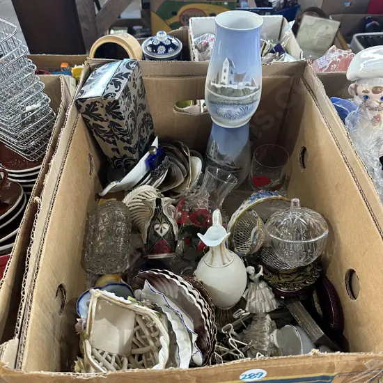 Box of collectables including pair of Copenhagen porcelain vases etc.