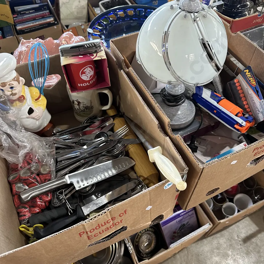 Two boxes, cutlery, touch lamp, Holden coffee mug plus pocket knife etc. Image 1++