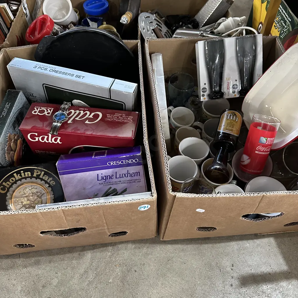 Two boxes of boxed crystal glasses, dressers set etc. Image 1++