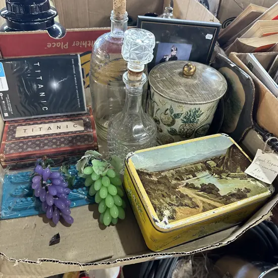 Box lot decanter, Titanic stories DVD plus glass grapes etc.