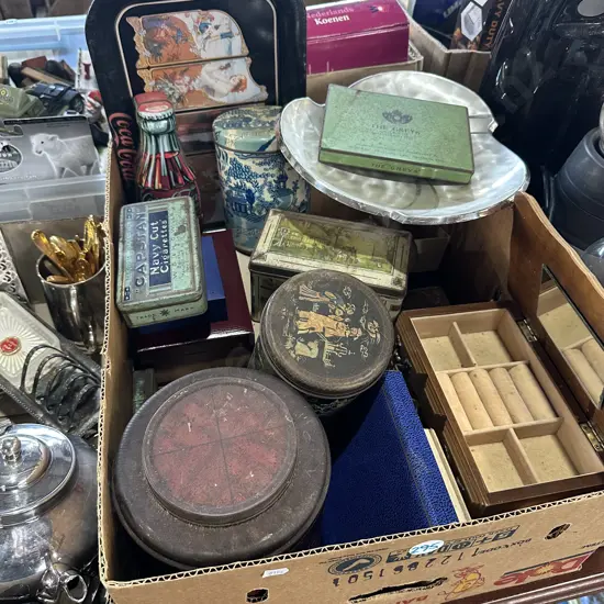 Box lot jewellery box and cases, and old tins etc.
