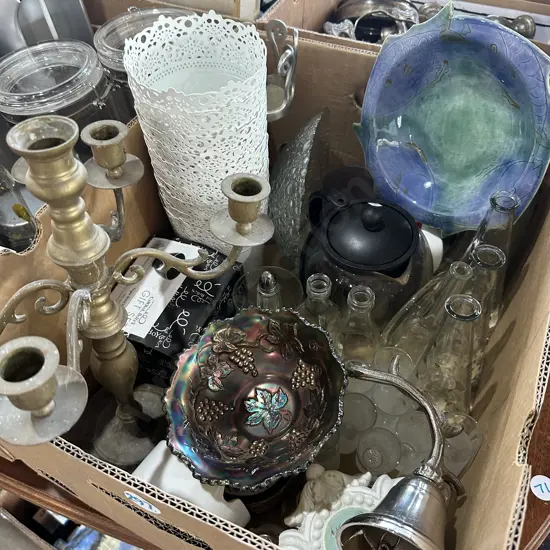 Box lot candelabra, bottle vases, IKEA plant pots etc.