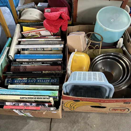 Two boxes books, s/s mixing bowls, vintage Tupperware etc.