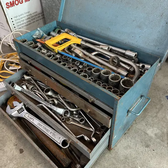 steel tool box and contents inc HD Britool sockets, made in USA spanners etc