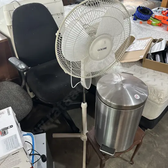 bin, side table, fan and office chair