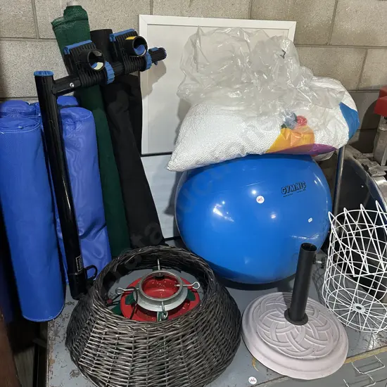 umbrella stand, swiss ball, beans, xmas tree stand, bike rack, matting, pool seats, wire basket etc