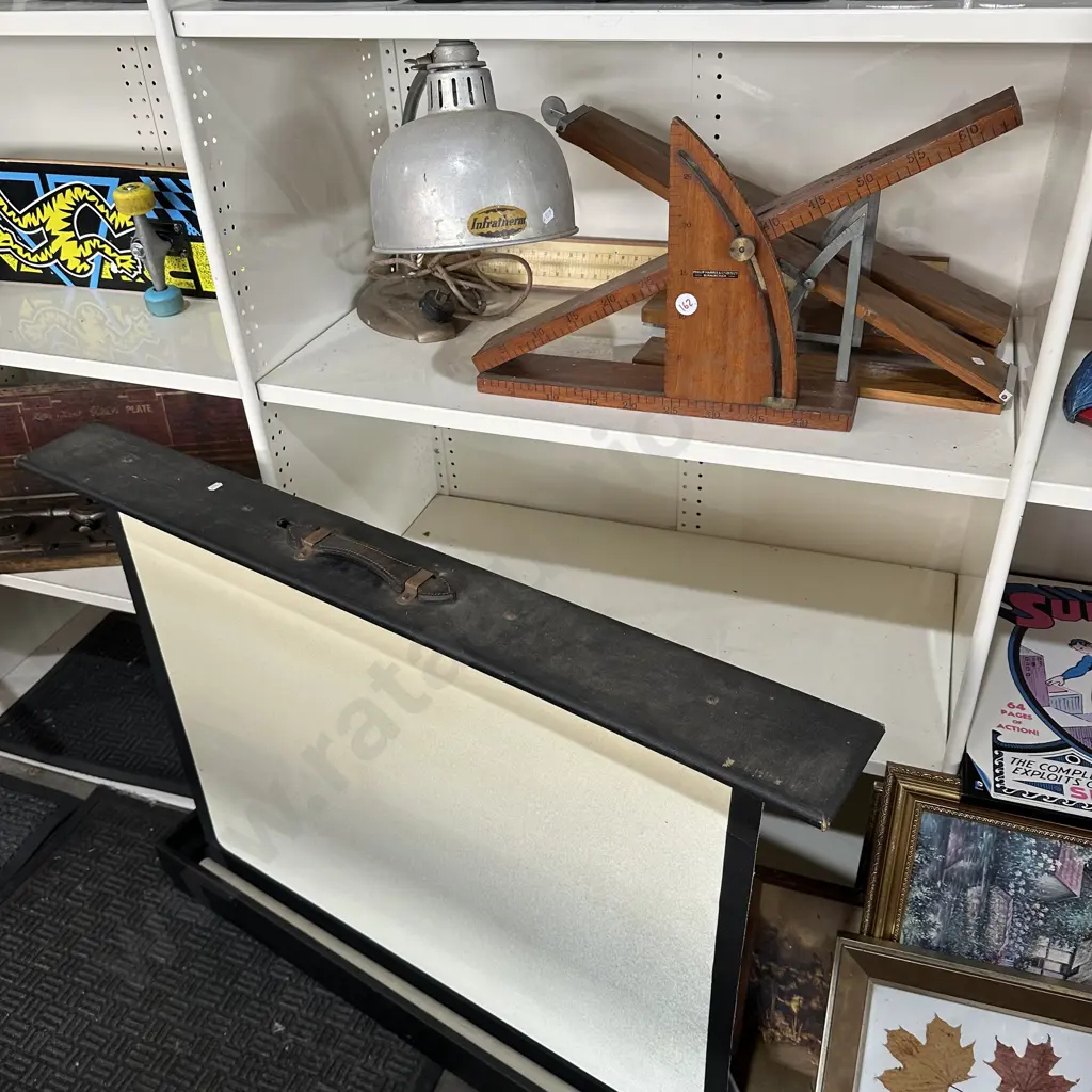 Three Antique scientific wooden inclined planes plus lamp, screen, etc. Image 1++