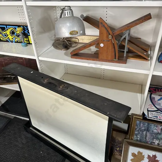 Three Antique scientific wooden inclined planes plus lamp, screen, etc.