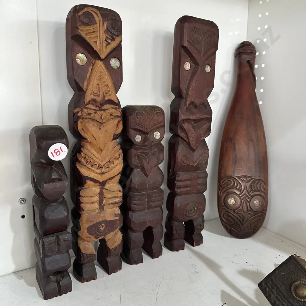 Maori wood carvings including Patu club 40cm long. Image 1++