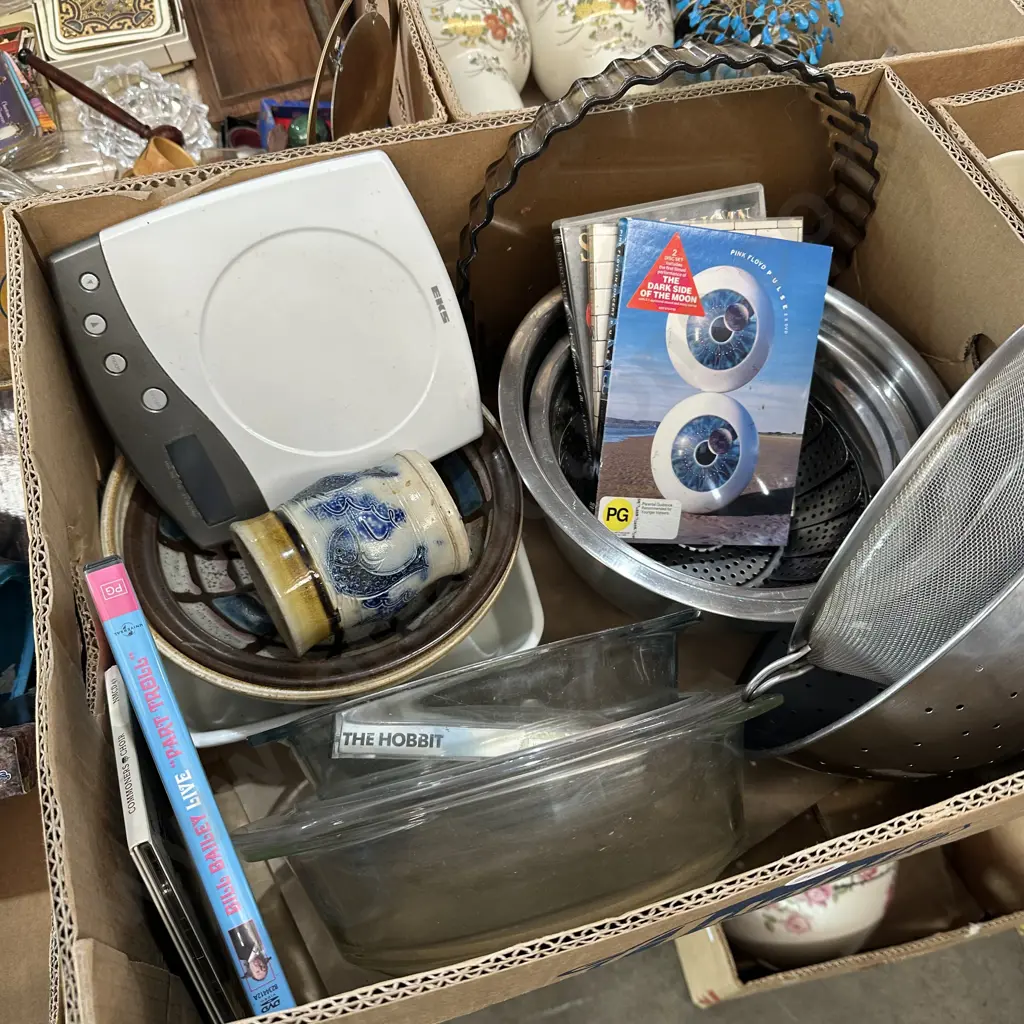 Box lot of s/s mixing bowls, scales, pottery and DVDs including Pink Floyd etc. Image 1++