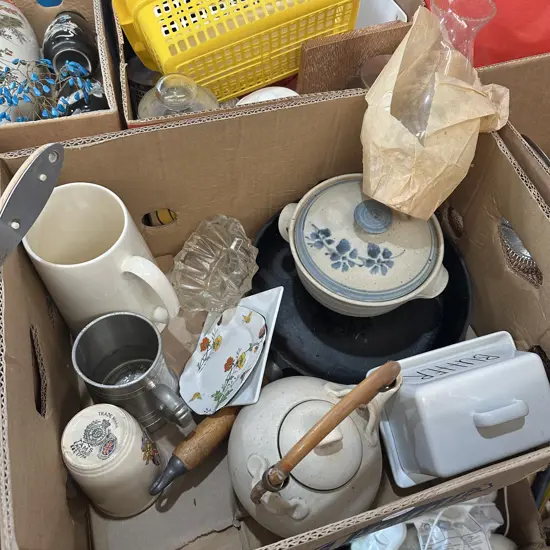 Box lot cast iron pan, pottery etc.