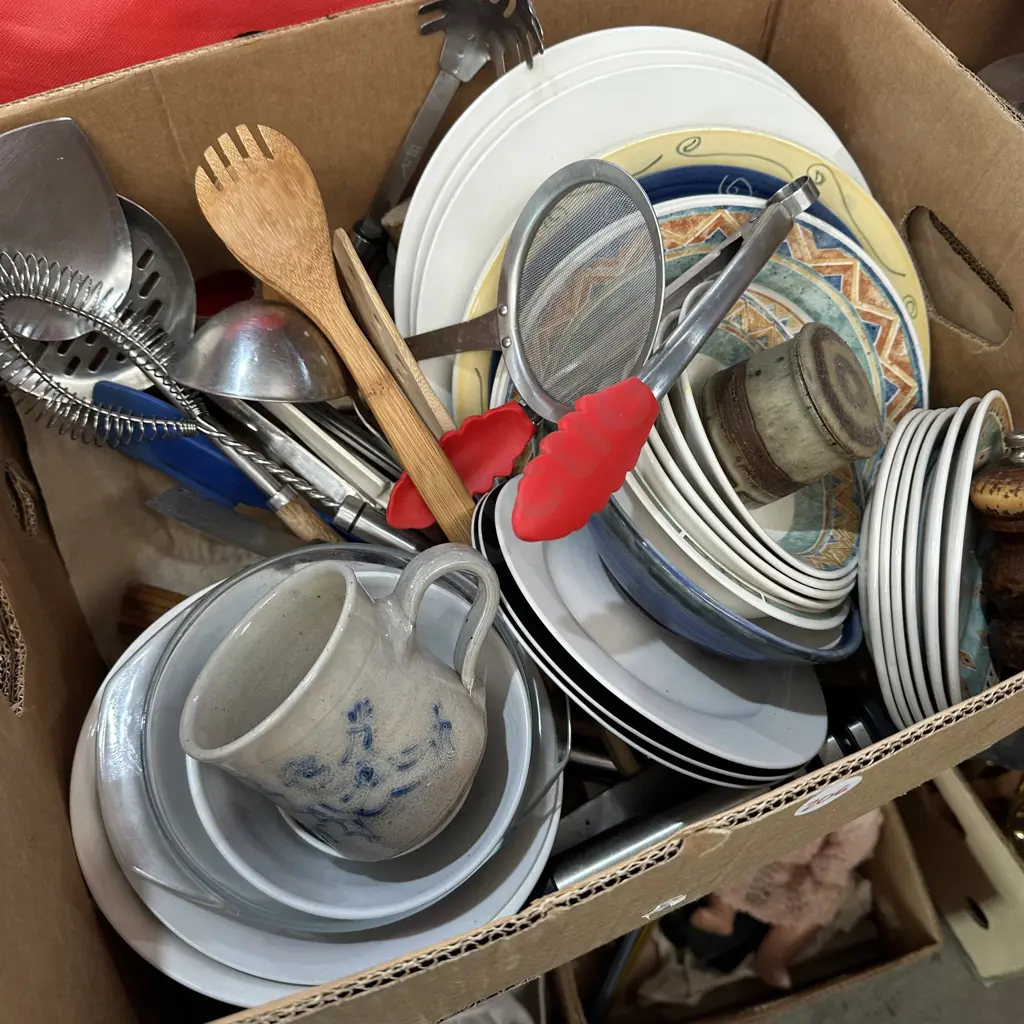 Box lot of dinnerware, pottery and utensils etc. Image 1++