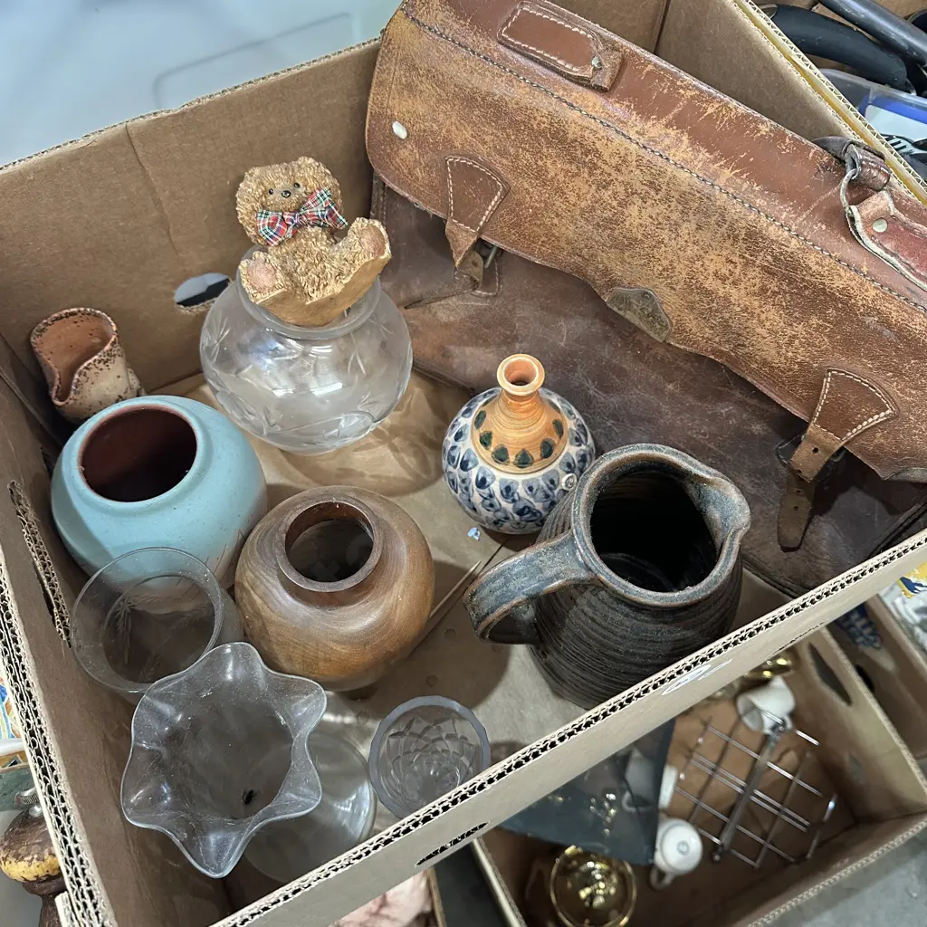Box lot of pottery jug, vases and leather satchel etc. Image 1++