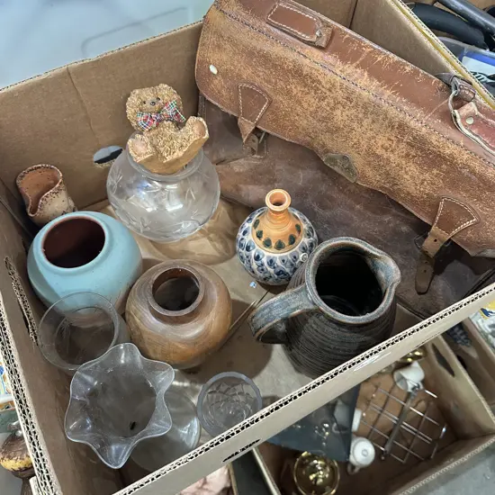 Box lot of pottery jug, vases and leather satchel etc.