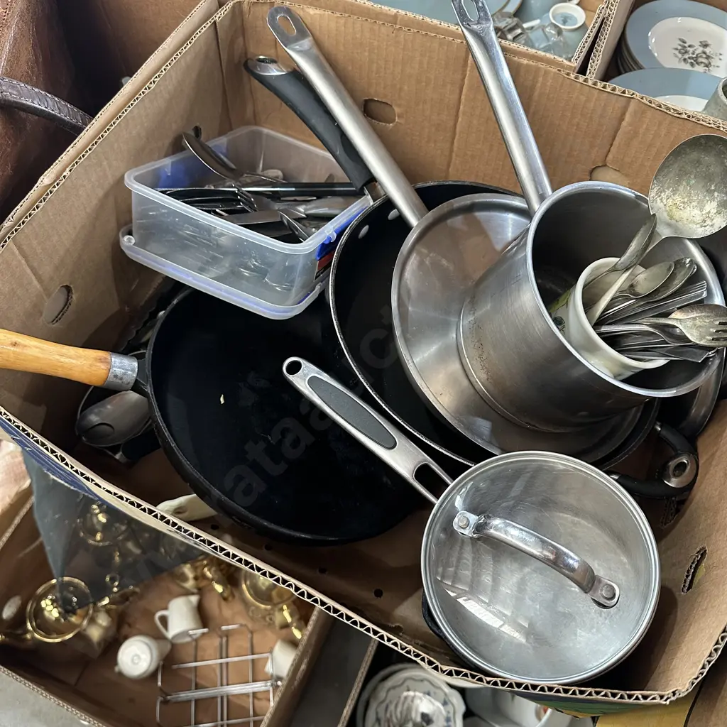 Box lot cast iron pan, lidded pots and cutlery etc. Image 1++
