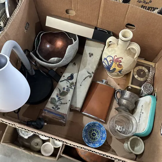 Box lot pottery, clock, watch, flask etc.