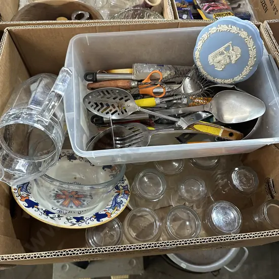 Box lot water jug, vintage utensils and wedgewood etc.