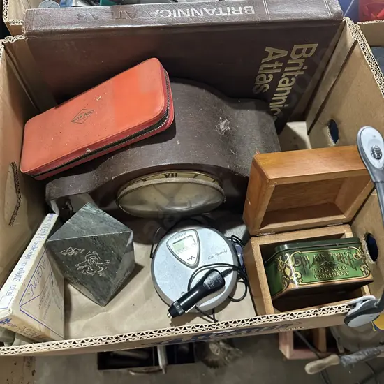 Box lot mantle clock, Jade ornament, tobacco tin etc.