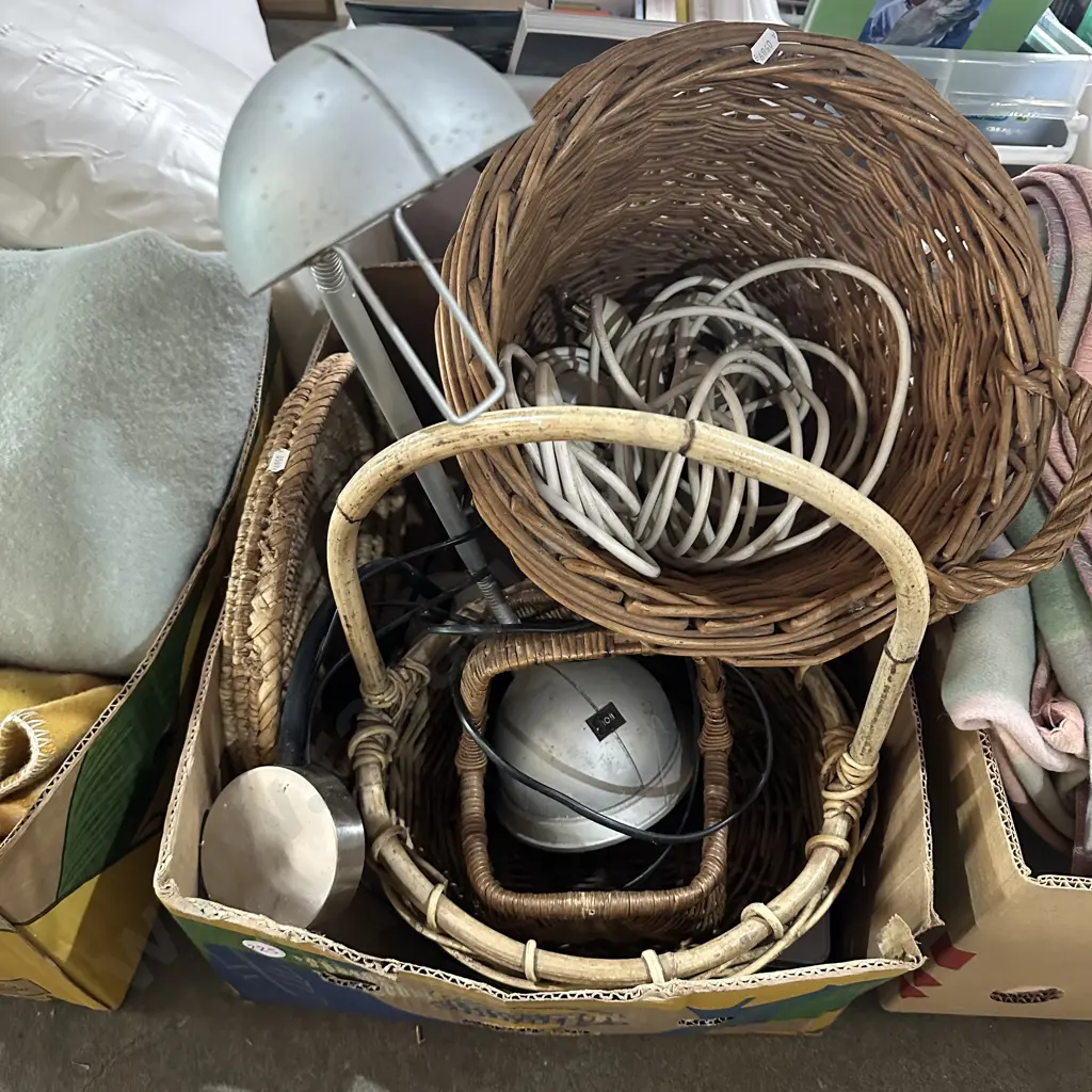 Box lot cane baskets, reading lights and extension leads Image 1++