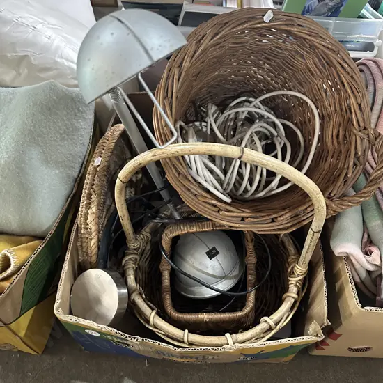 Box lot cane baskets, reading lights and extension leads
