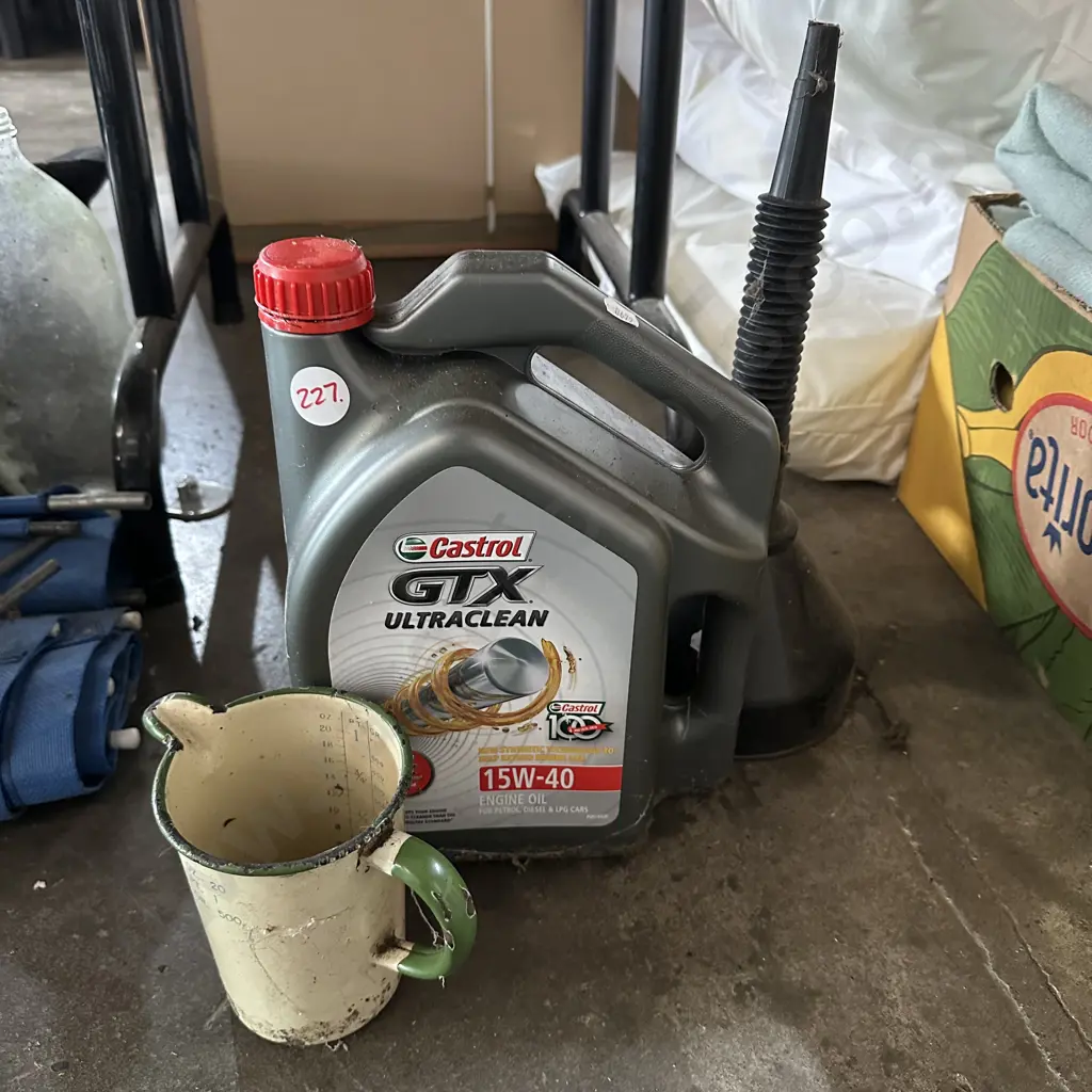 Part container of Castrol oil plus enamel jug and funnel. Image 1++