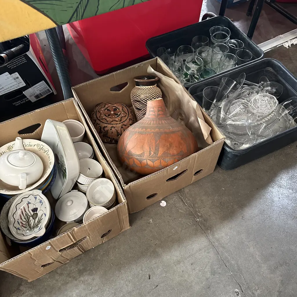 Four boxes glassware, dinnerware, decorative items and vases etc. Image 1++
