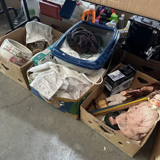 Three boxes good king single electric blanket, dolls, planter, puzzles etc.