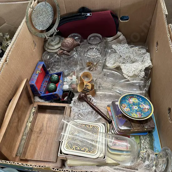 Box lot brass dinner gong, massage balls, crystal glasses etc.