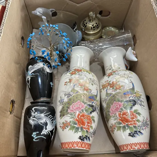Box lot pair Japan vases, brass vintage incense burner etc.