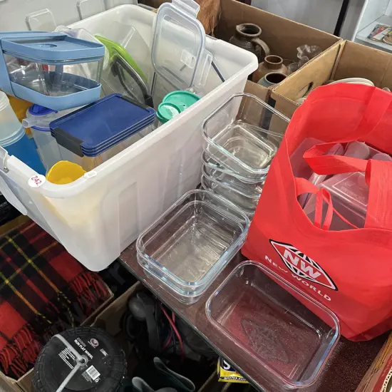 Lidded Bin of storage containers including glass base and KitchenAid, Sistema.