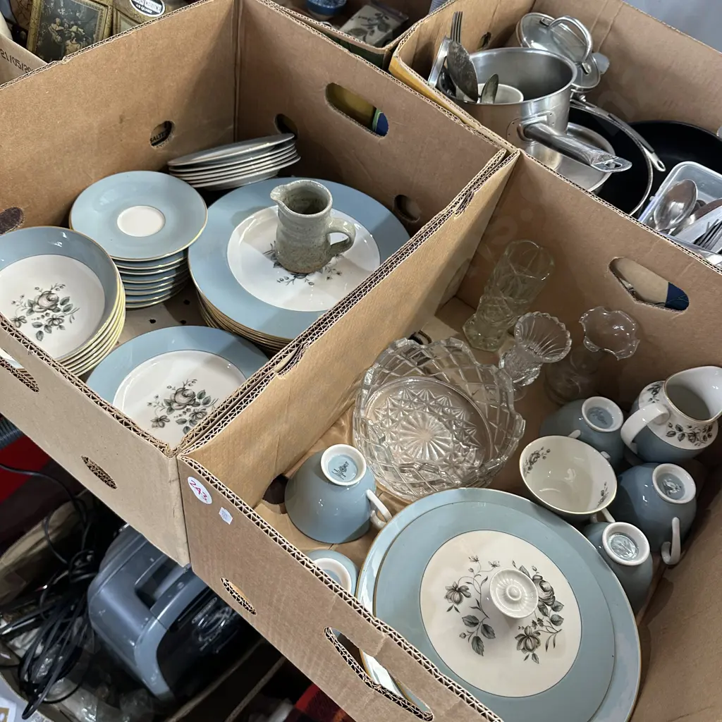 Two boxes Royal Doulton Rose Elegans dinnerware, crystal and pottery jug. Image 1++