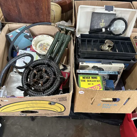 Two boxes tackle box, bunnykins bowl, gas ring and CDs etc.