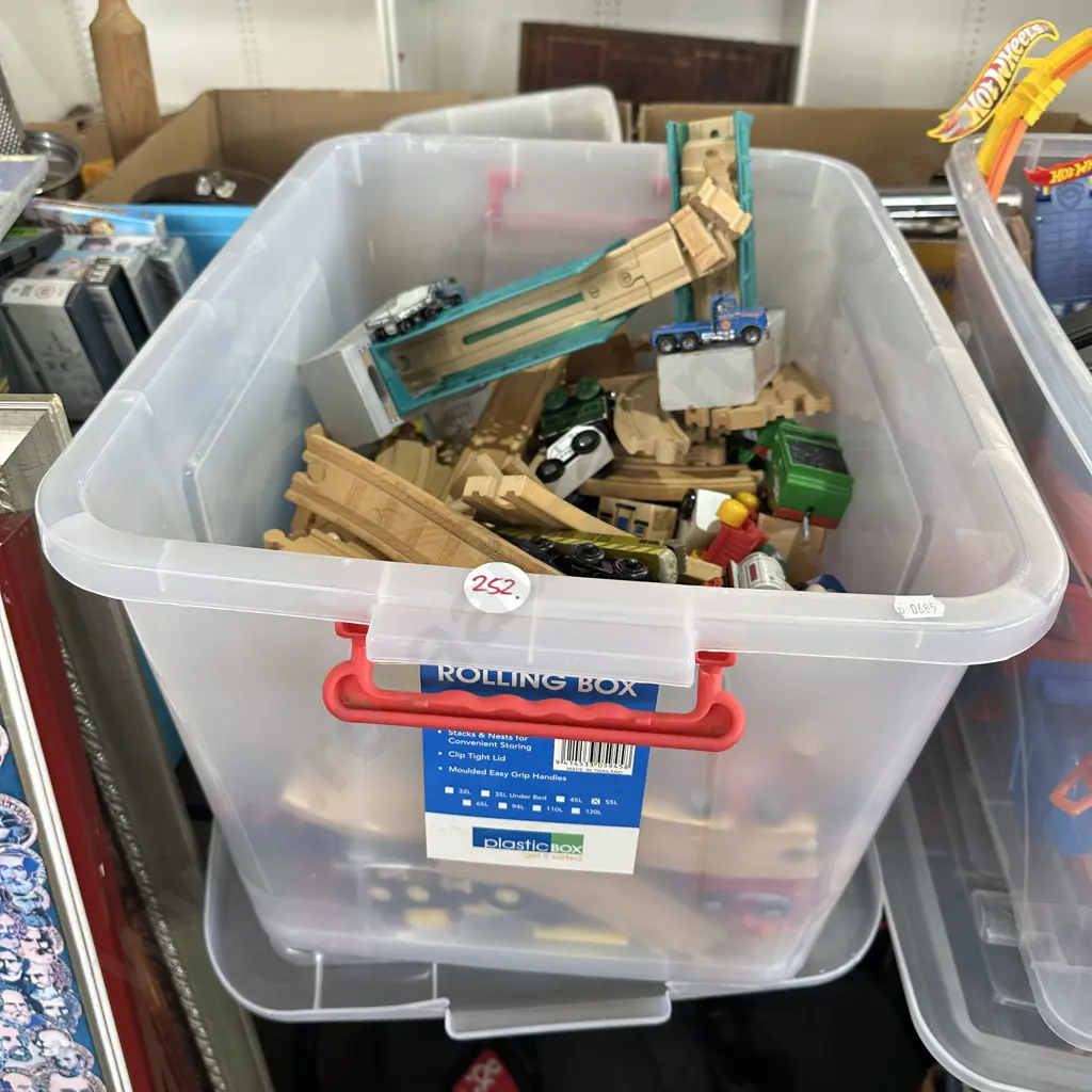 Lidded bin of train set plus other toy cars and trucks. Image 1++
