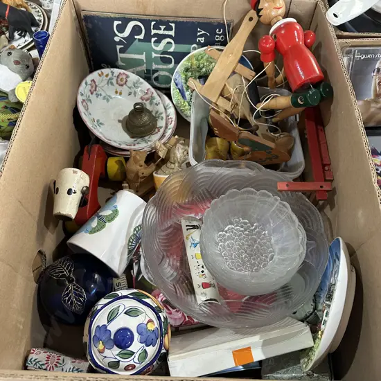 Box lot wooden puppet and pull along toy, english china and brass bell etc.