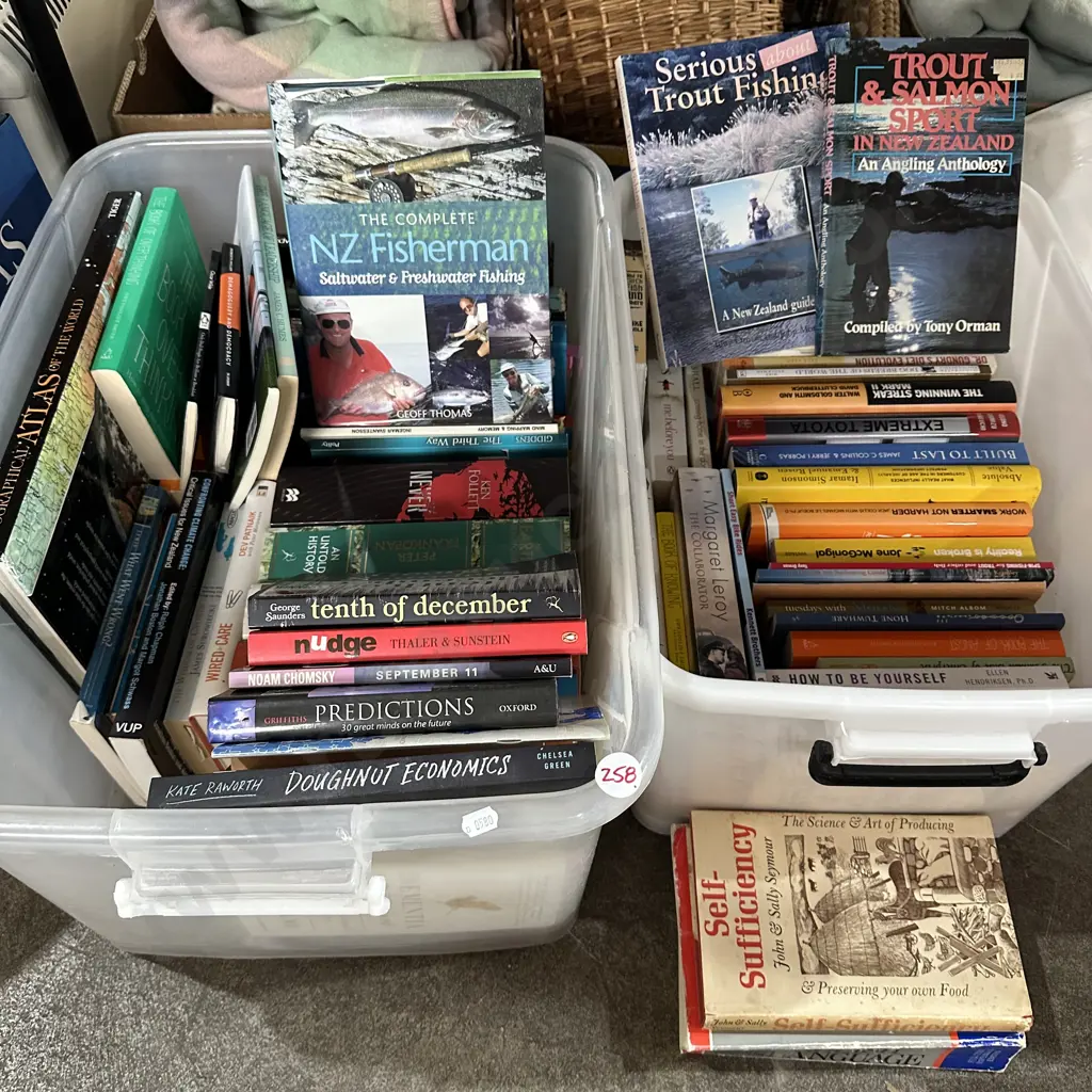 Two bins of books including fishing etc. Image 1++